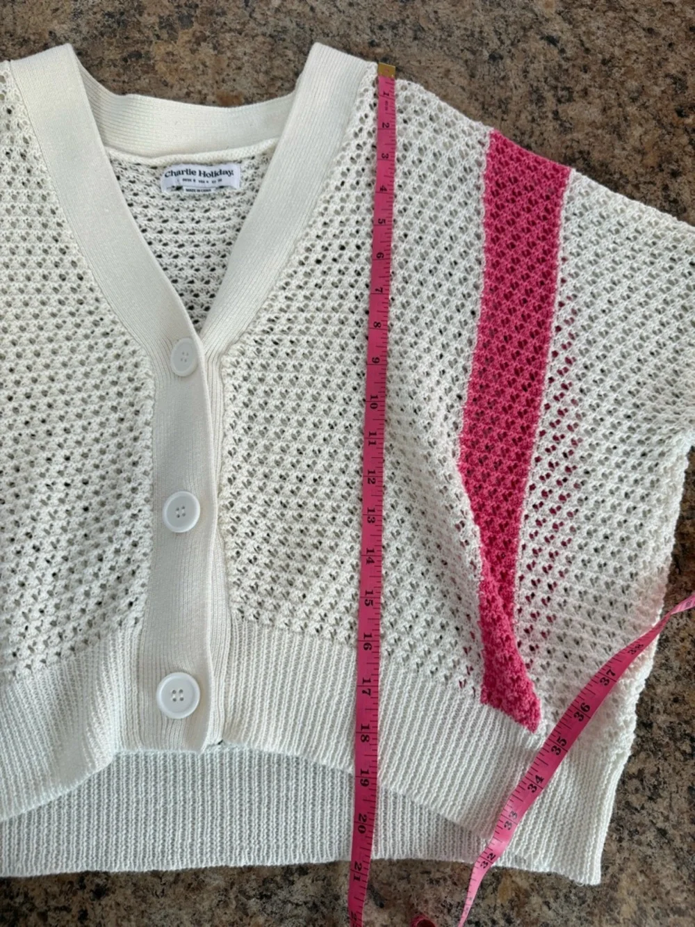 Anthropologie Charlie Holiday Cream Open Knit Cardigan with Bright Pink Stripes - Picture 6 of 6
